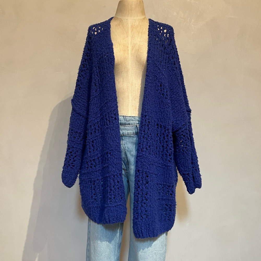 Free People Blue Open Front Cardigan with Long Sleeves and Chunky Knit